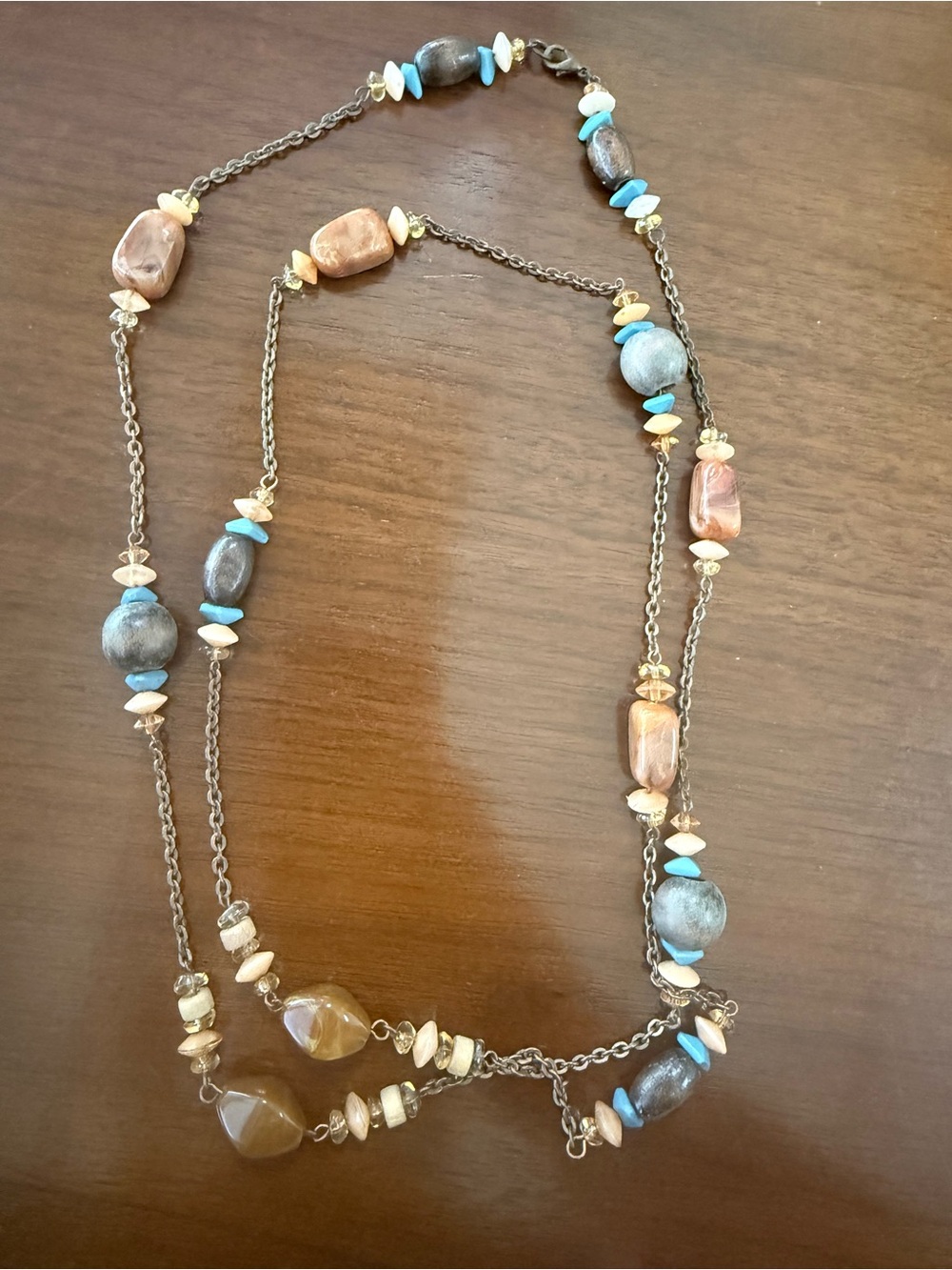 Multicolor Beaded Long Women's Necklace - Turquoise, Peach & Wood